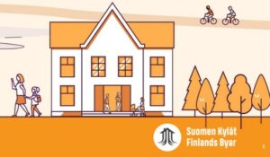 oranssi ja valkoinen piirros jossa talo ja metsää ja ihmisiä