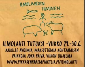 Ilmolahti tutuksi - viikko kivikauden aikaista muistuttava piirro s jossa ihmis ja eläinhahmoja. Ylhäällä lukee Ilmolahden ihminen.